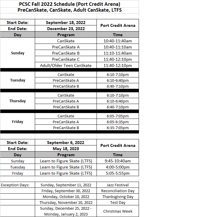 2022-2023 PreCanSkate / CanSkate / LTFS Schedule :: PORT CREDIT SKATING 2022-2023 PreCanSkate / CanSkate / LTFS Schedule :: PORT CREDIT SKATING